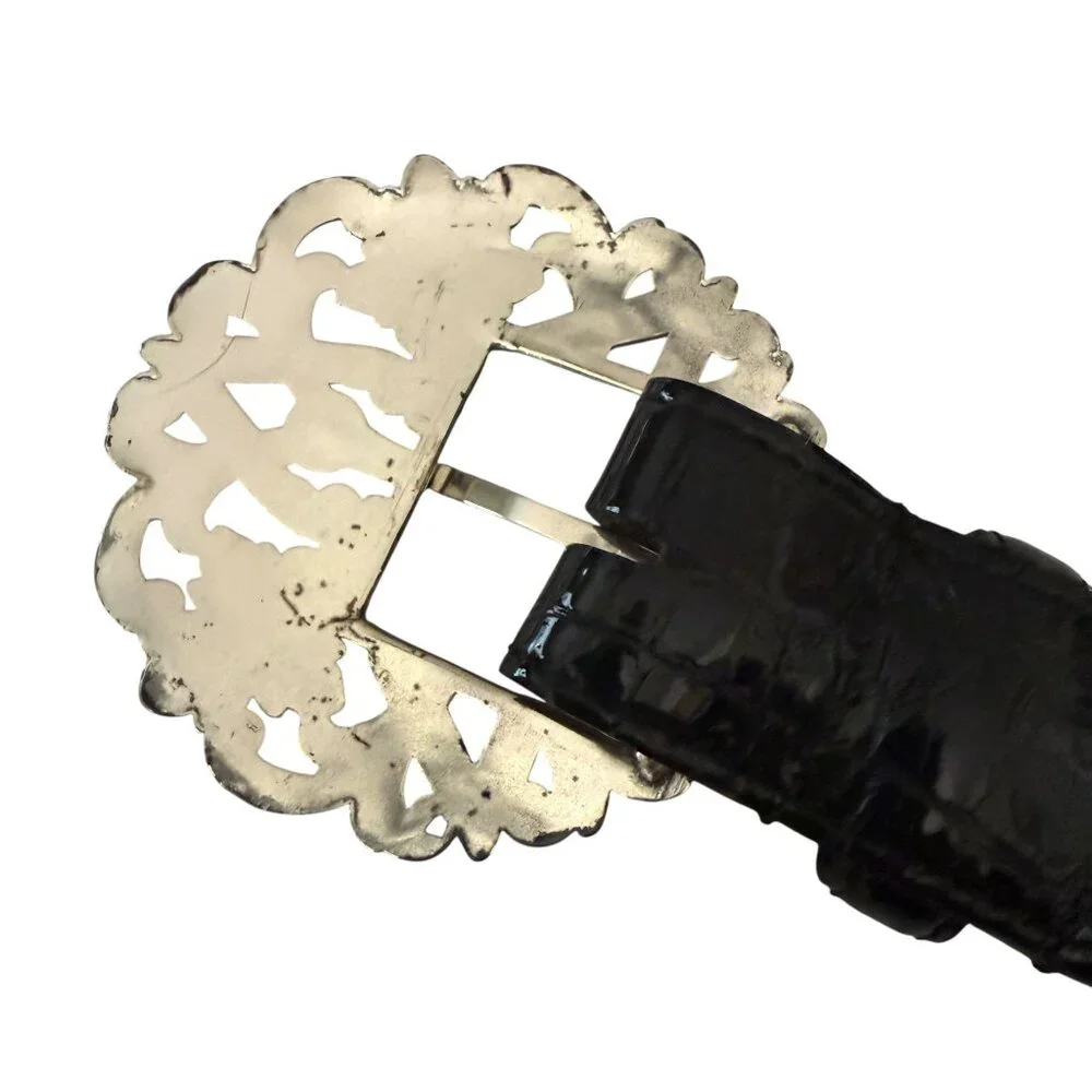 Vintage Brighton Empire Lace Black Croc Embossed Patent Leather Belt Crystals - Picture 11 of 16